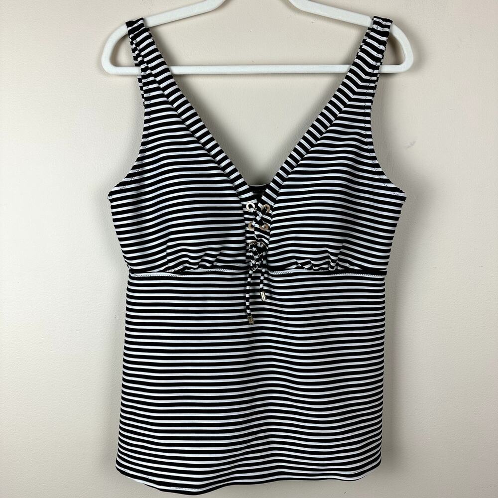 Lands’ End‎ Tankini Swim Top Womens 18 Black White Stripe Lace Up Front Swimsuit